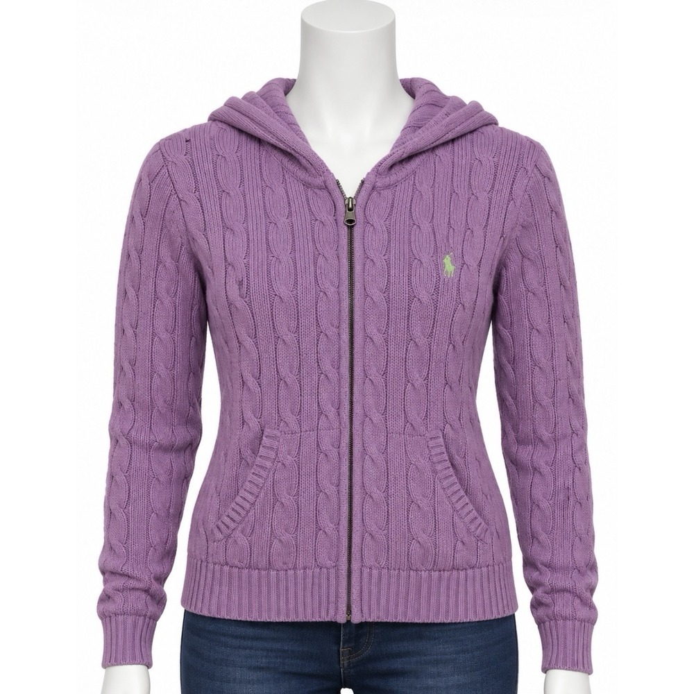 RALPH LAUREN POLO Women's Cable Knit Sweater Hoodie Jacket Medium M Lavender